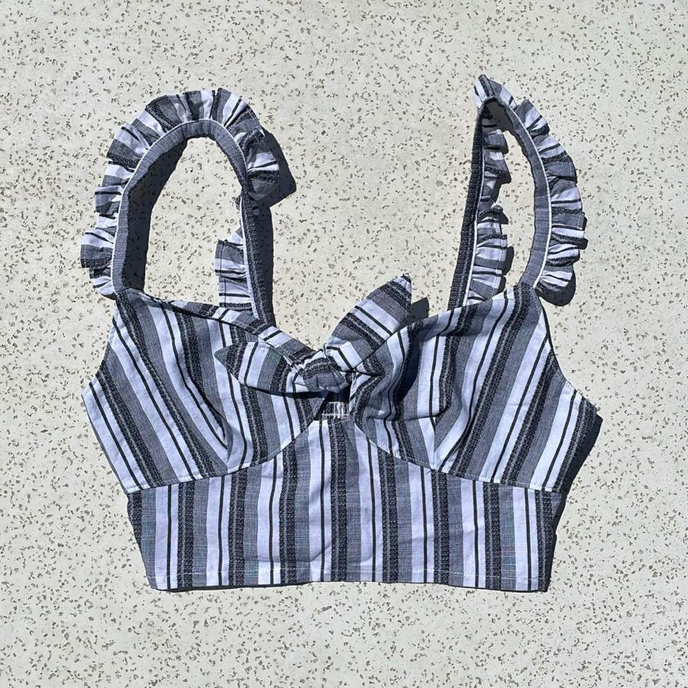 White, Black, and Gray Ruffled Express Striped Crop Top